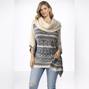 LOVESTITCH Sweater Poncho Cream Blue Cotton Fair Isle NWT One Size S M L XL